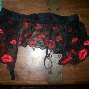 Black Sheer Nylon & Lace & Red "Lips" -Garter Belt - Adjust Elastic Waist Size L